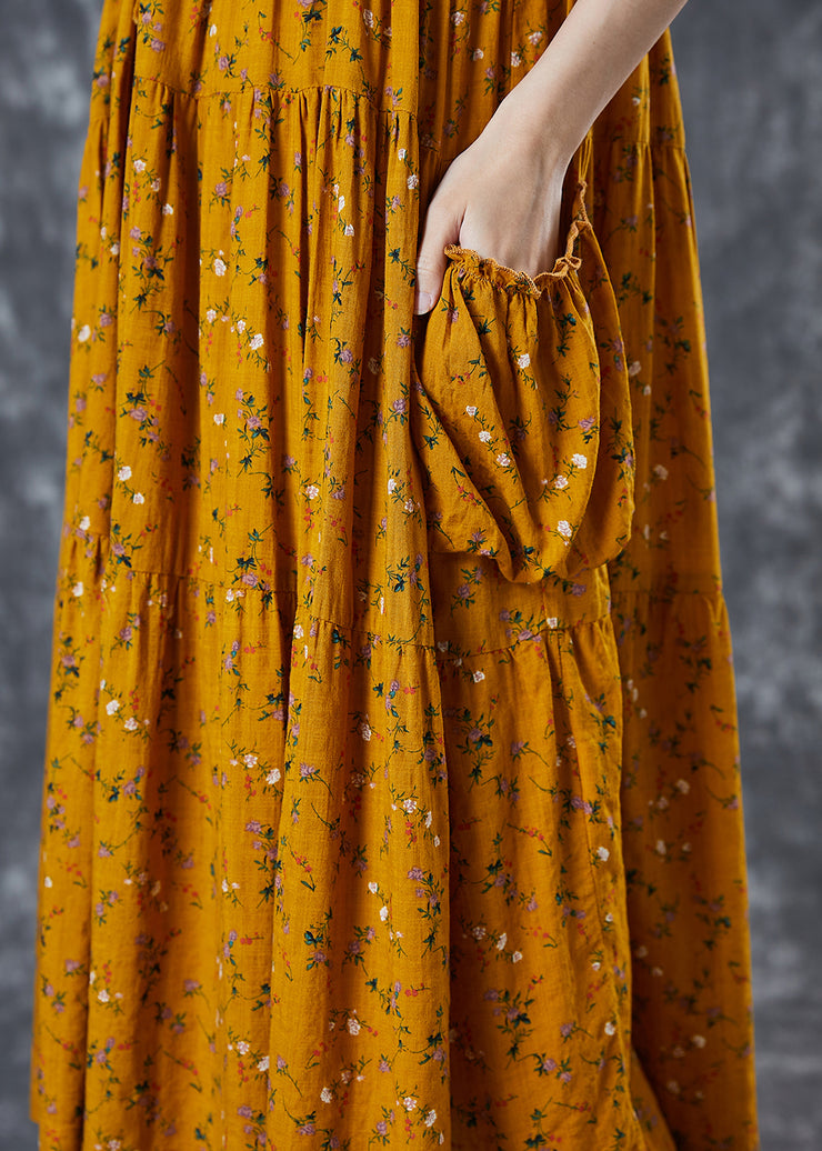 Bohemian Yellow Cinched Print Cotton Dress Summer