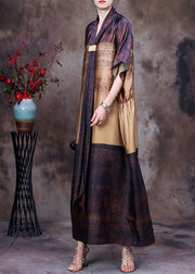 Bohemian Yellow Chocolate Bow Collar Print Silk Dress Batwing Sleeve