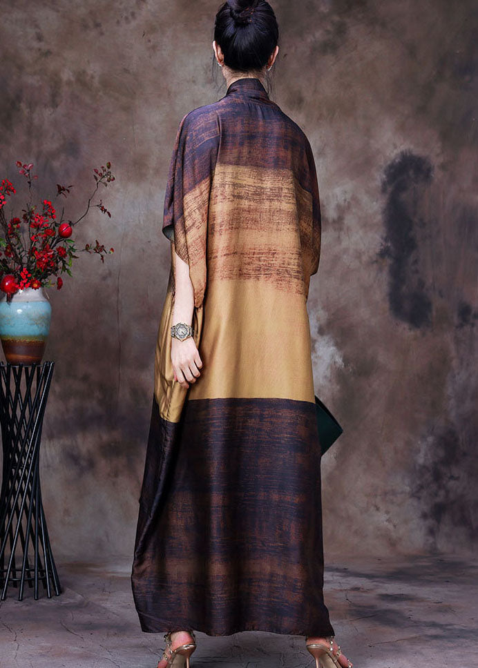 Bohemian Yellow Chocolate Bow Collar Print Silk Dress Batwing Sleeve