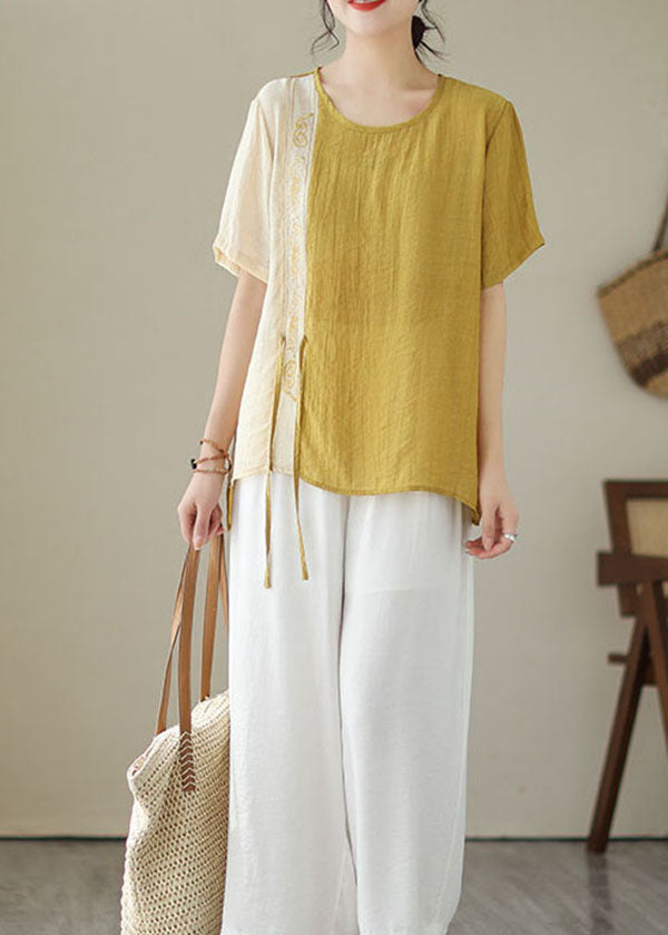 Bohemian Yellow Embroideried Patchwork Cotton Shirt Top Summer