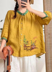 Bohemian Yellow Embroideried Patchwork Linen Shirt Tops Summer