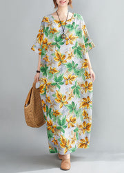 Bohemian Yellow Green O-Neck Leaf Print Cotton Long Dress Short Sleeve