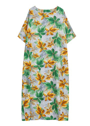 Bohemian Yellow Green O-Neck Leaf Print Cotton Long Dress Short Sleeve