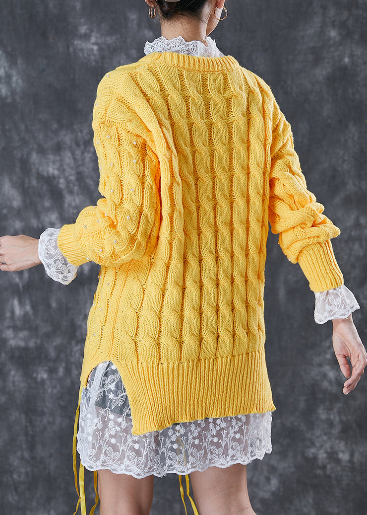 Bohemian Yellow Nail Bead Side Open Knit Sweaters Winter