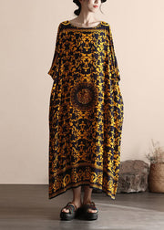 Bohemian Yellow O Neck Print Patchwork Cotton Beach Dress Summer