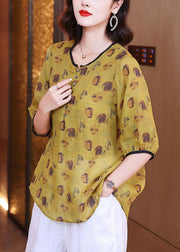 Bohemian Yellow O Neck Print Patchwork Linen Blouse Tops Summer