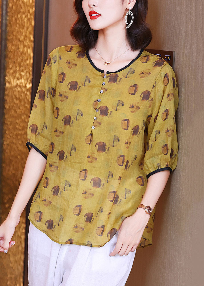 Bohemian Yellow O Neck Print Patchwork Linen Blouse Tops Summer