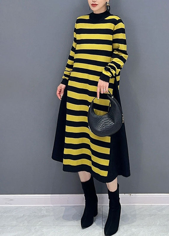 Bohemian Yellow O-Neck Striped Patchwork Party Maxi Dress Long Sleeve