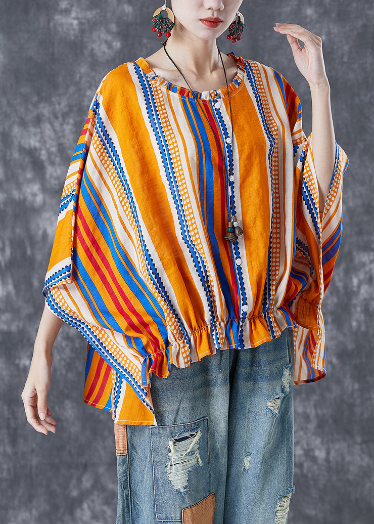 Bohemian Yellow Oversized Striped Wrinkled Cotton Shirt Batwing Sleeve