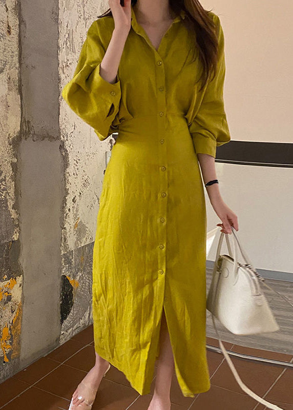 Bohemian Yellow Peter Pan Collar Cinched Cotton Shirt Dresses Lantern Sleeve