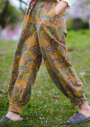 Bohemian Yellow Pockets Print Cotton Lantern Pants Spring