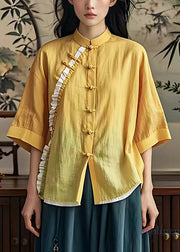 Bohemian Yellow Ruffled Chinese Button Linen Shirt Summer