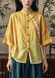 Bohemian Yellow Ruffled Chinese Button Linen Shirt Summer