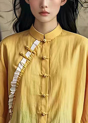 Bohemian Yellow Ruffled Chinese Button Linen Shirt Summer