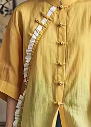 Bohemian Yellow Ruffled Chinese Button Linen Shirt Summer