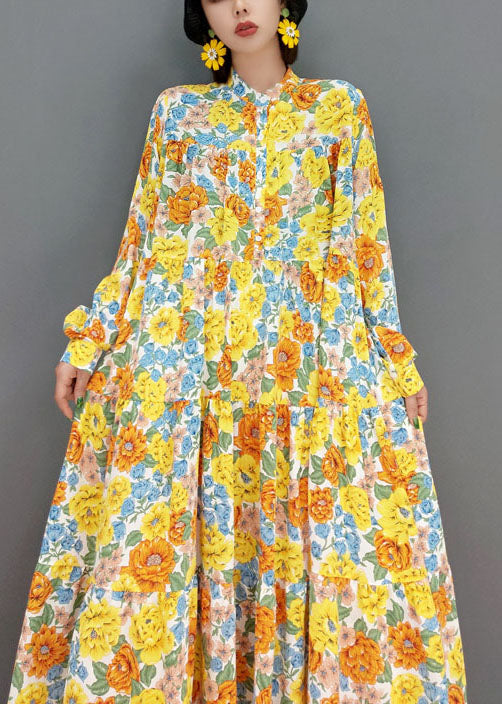 Bohemian Yellow Stand Collar Print Exra Large Hem Cotton Vacation Dresses Spring