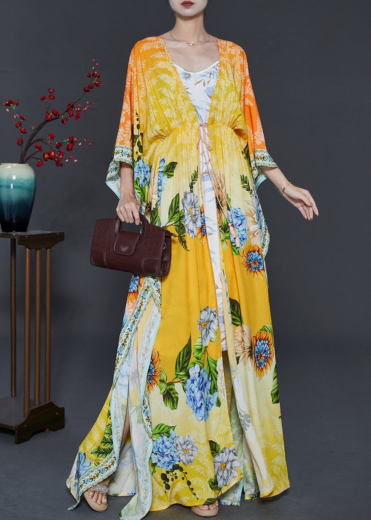 Bohemian Yellow Tie Waist Print Chiffon Beach Dresses Fall