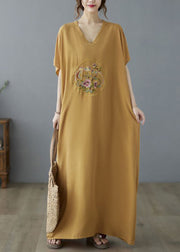 Bohemian Yellow V Neck Embroideried Cotton Long Dresses Summer