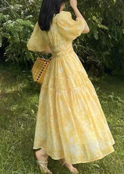 Bohemian Yellow V Neck Print Chiffon Long Dress Summer