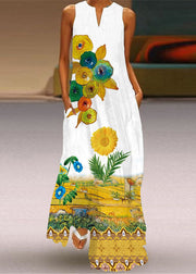 Bohemian Yellow V Neck Print Chiffon Maxi Dress Sleeveless