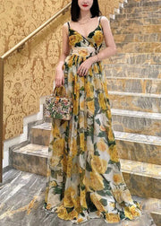 Bohemian Yellow V Neck Print Chiffon Spaghetti Strap Dress Sleeveless