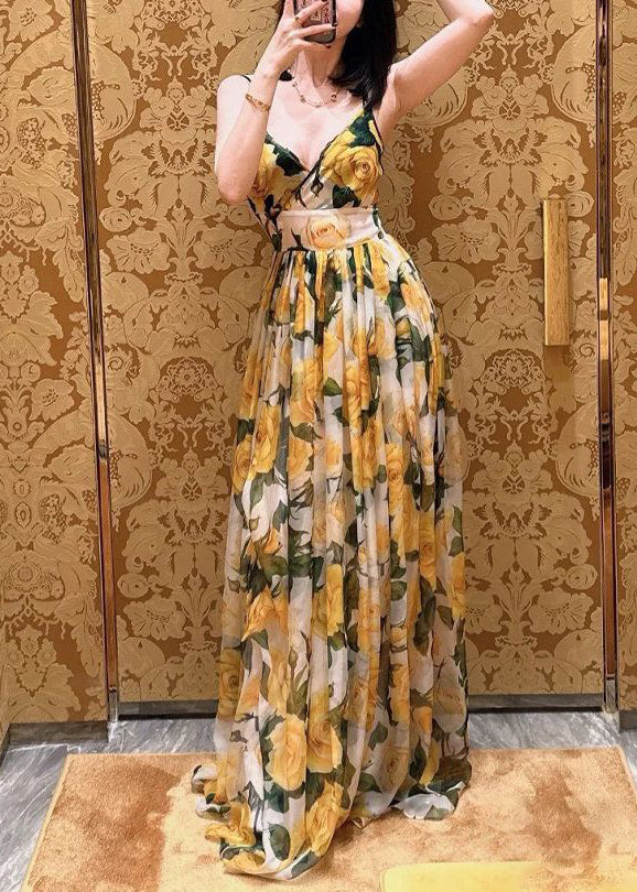 Bohemian Yellow V Neck Print Chiffon Spaghetti Strap Dress Sleeveless