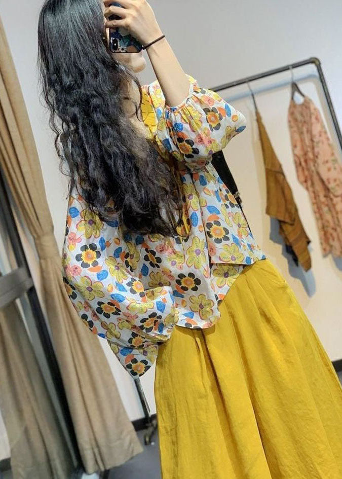 Bohemian Yellow V Neck Print Lace Up Linen Shirt Tops Spring