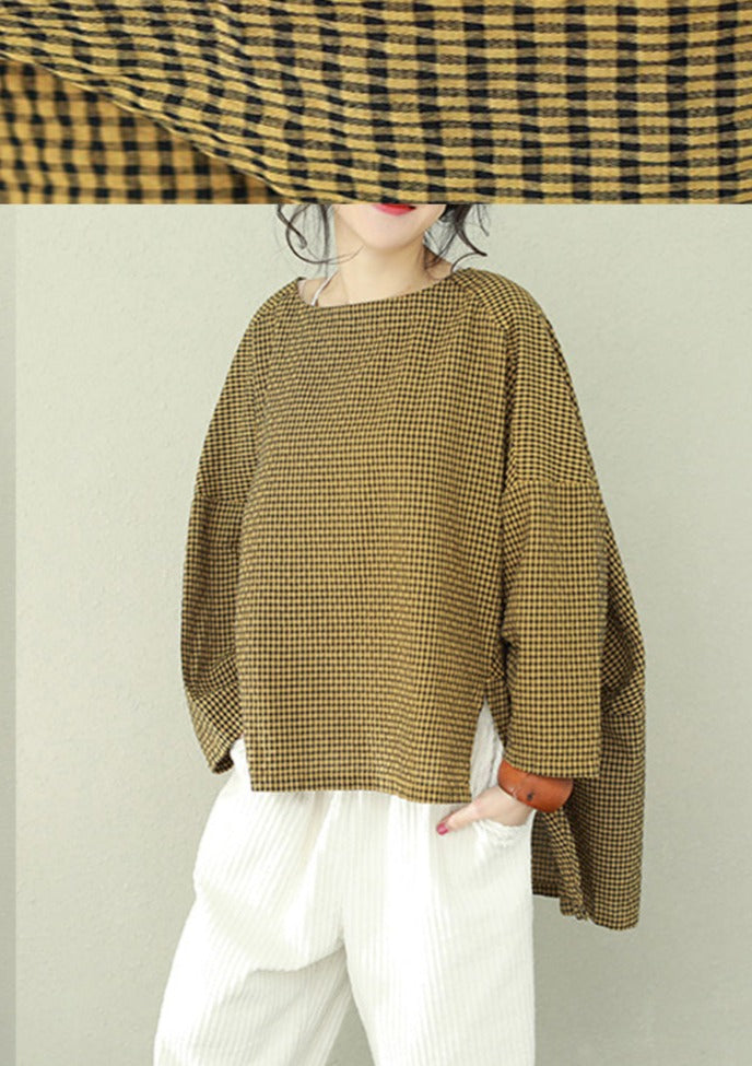 Bohemian asymmetric cotton women Fine Work yellow Plaid oversized tops