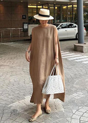 Bohemian O Neck Side Open Leinen Baumwolle Kleiderstoffe Khaki Kleid