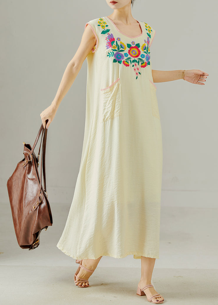 Boho Apricot Embroidered Cotton Long Dress Sleeveless