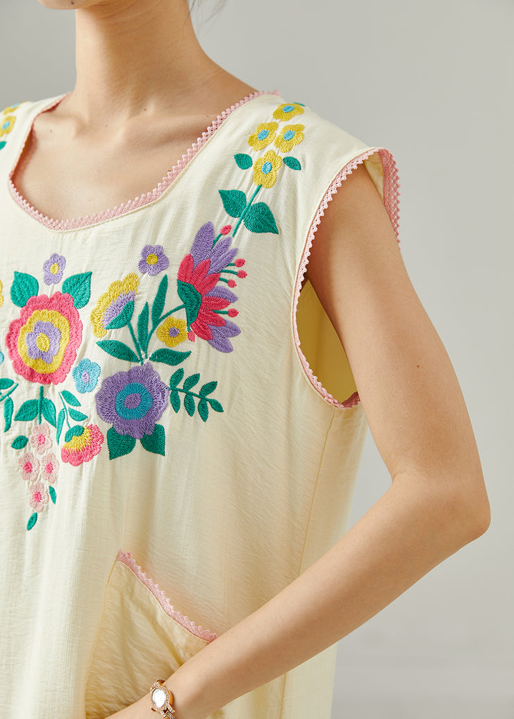 Boho Apricot Embroidered Cotton Long Dress Sleeveless