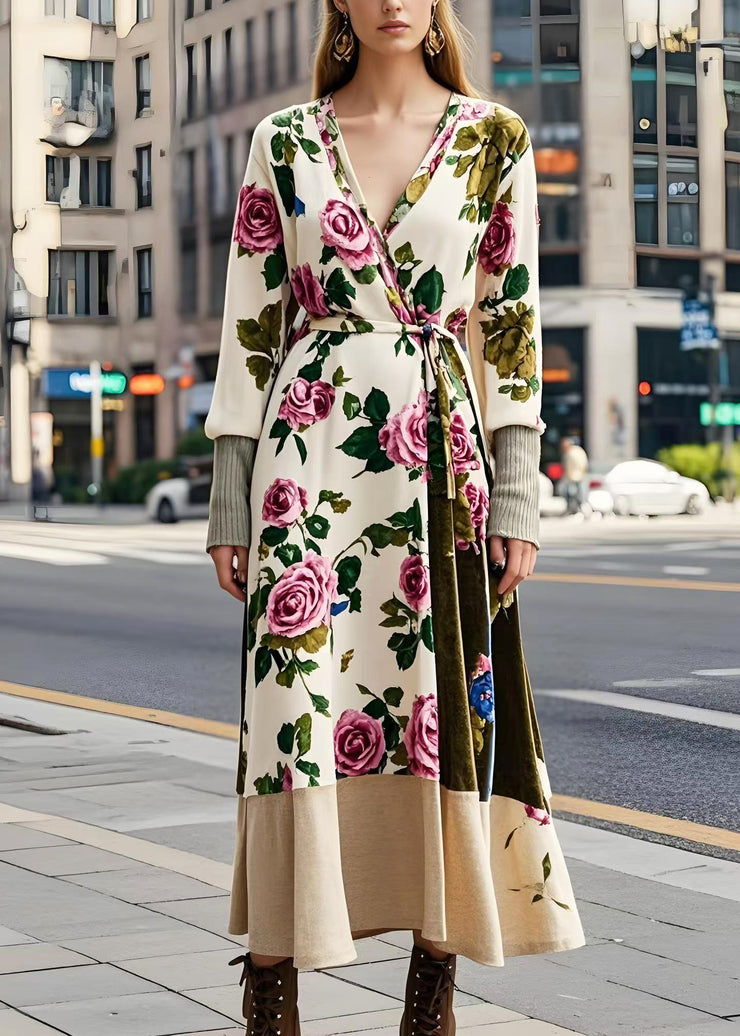 Boho Apricot Floral Tie Waist Silk Velvet Long Dresses Spring