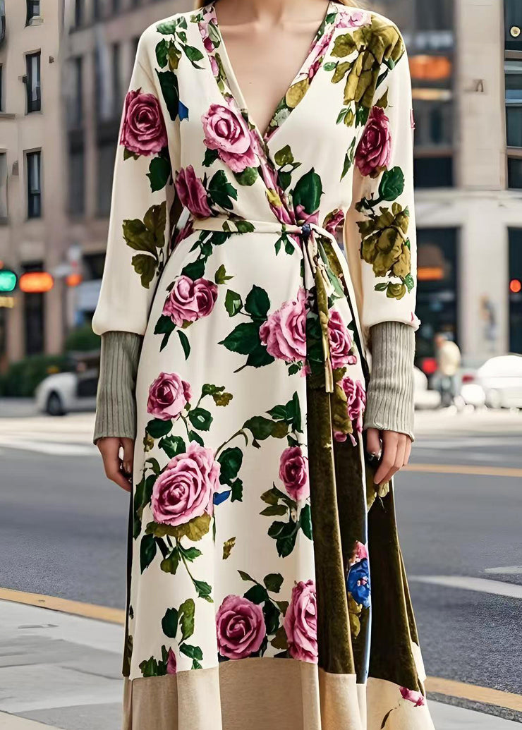 Boho Apricot Floral Tie Waist Silk Velvet Long Dresses Spring