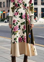 Boho Apricot Floral Tie Waist Silk Velvet Long Dresses Spring