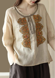 Boho Apricot O-Neck Embroideried Low High Design Ramie Shirts Summer