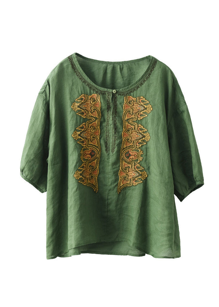 Boho Apricot O-Neck Embroideried Low High Design Ramie Shirts Summer