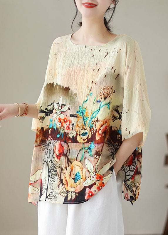 Boho Apricot O Neck Print Patchwork Linen T Shirt Tops Summer