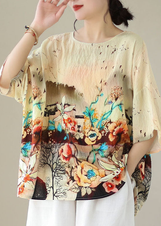 Boho Apricot O Neck Print Patchwork Linen T Shirt Tops Summer