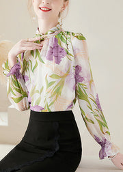 Boho Apricot Print Patchwork Chiffon Blouses Flare Sleeve