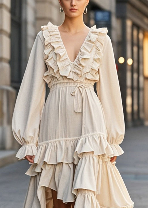 Boho Apricot Ruffled Asymmetrical Design Cotton Cinched Dress Fall