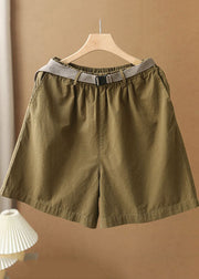 Boho Army Green Elastic Waist Pockets Sashes Cotton Wide Leg Shorts Summer