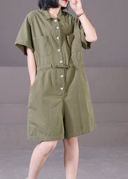 Boho Army Green Peter Pan Collar Drawstring Pockets Solid Color Cotton Overalls Jumpsuit Summer