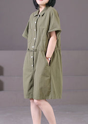 Boho Army Green Peter Pan Collar Drawstring Pockets Solid Color Cotton Overalls Jumpsuit Summer