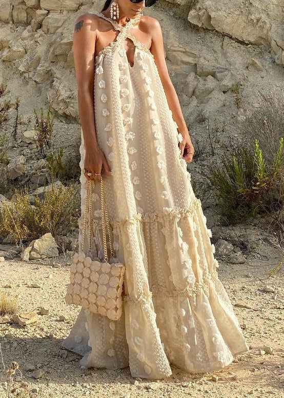 Boho Beige Neck Tie Patchwork Floral Holiday Maxi Dresses Summer