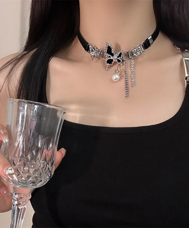 Boho Black Alloy Chain Patchwork Leather Choker