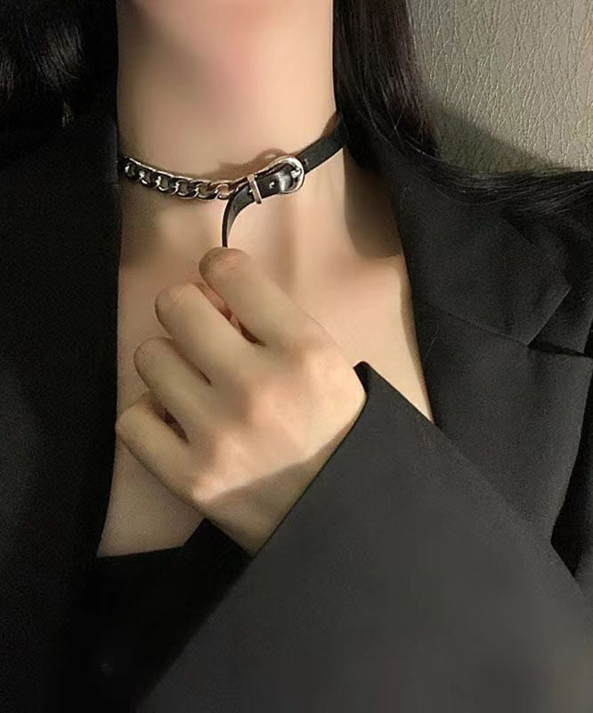 Boho Black Alloy Chain Patchwork Leather Choker