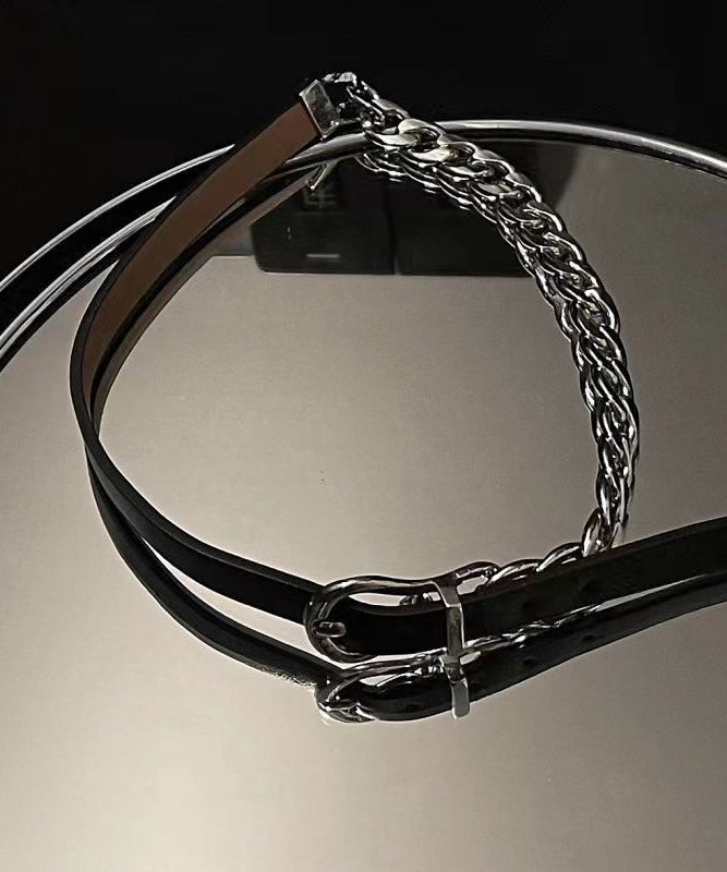 Boho Black Alloy Chain Patchwork Leather Choker