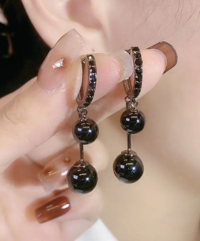 Boho Black Alloy Inlaid Gem Stone Drop Earrings