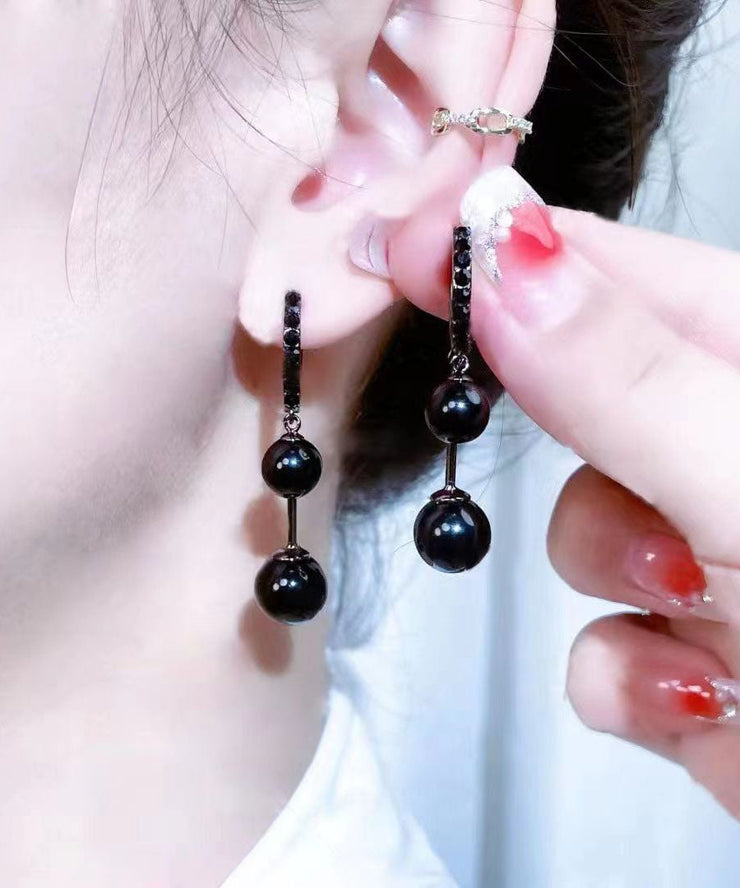 Boho Black Alloy Inlaid Gem Stone Drop Earrings