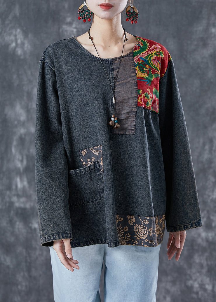 Boho Black Asymmetrical Patchwork Denim Sweatshirts Top Spring